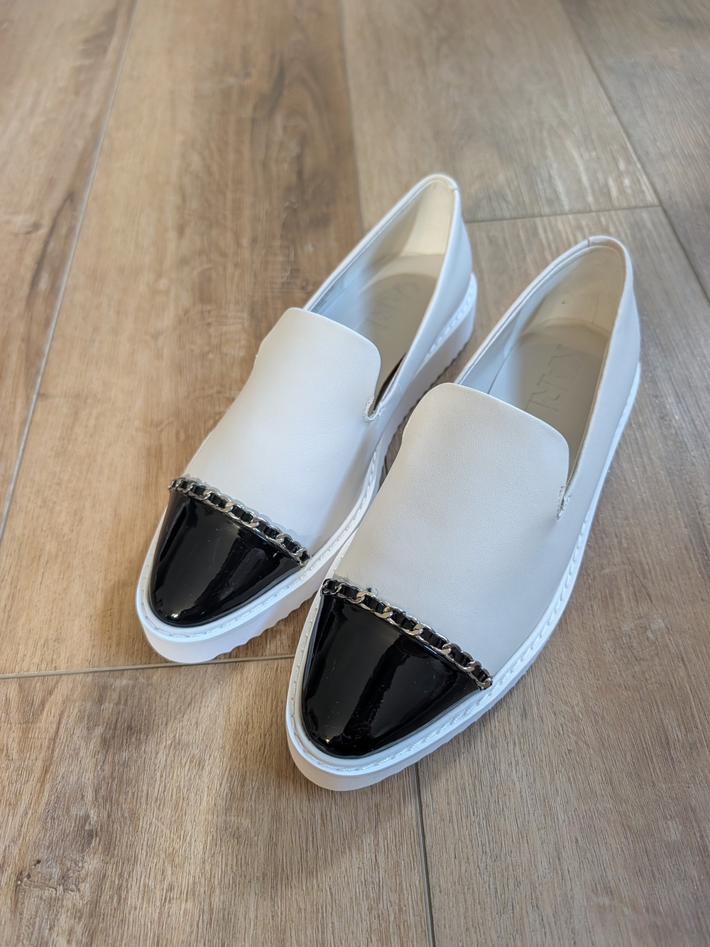 Karl Lagerfeld White Slip-On Loafers with Black Patent Cap Toe